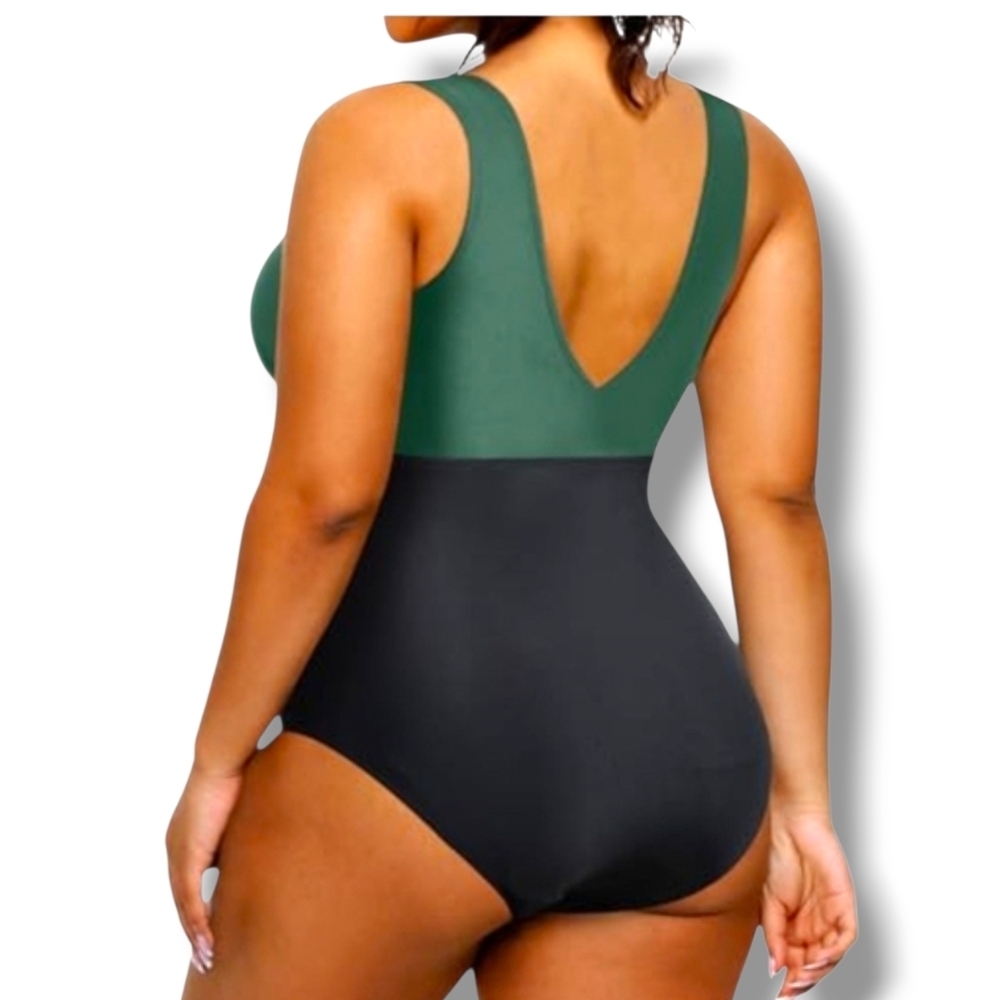 AQUA EVE - 20W Green & Black Tummy Control Swimsuit - Picture 3 of 9